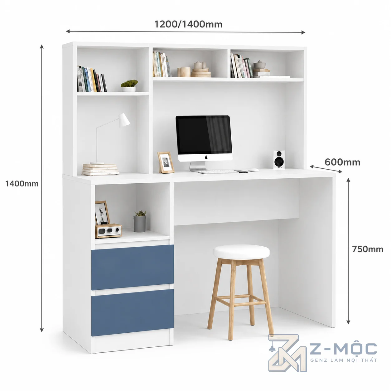 Kích thước chi tiết Bàn Học Và Làm Việc Liền Kệ Sách Nhỏ Gọn ZM-70026
