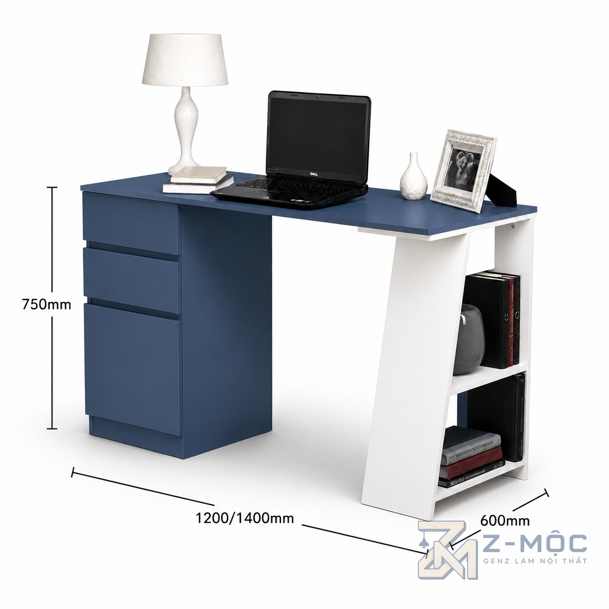 Kích thước chi tiết Bàn Làm Việc Có Hộc Tủ Và Kệ Sách Hiện Đại ZM-70001