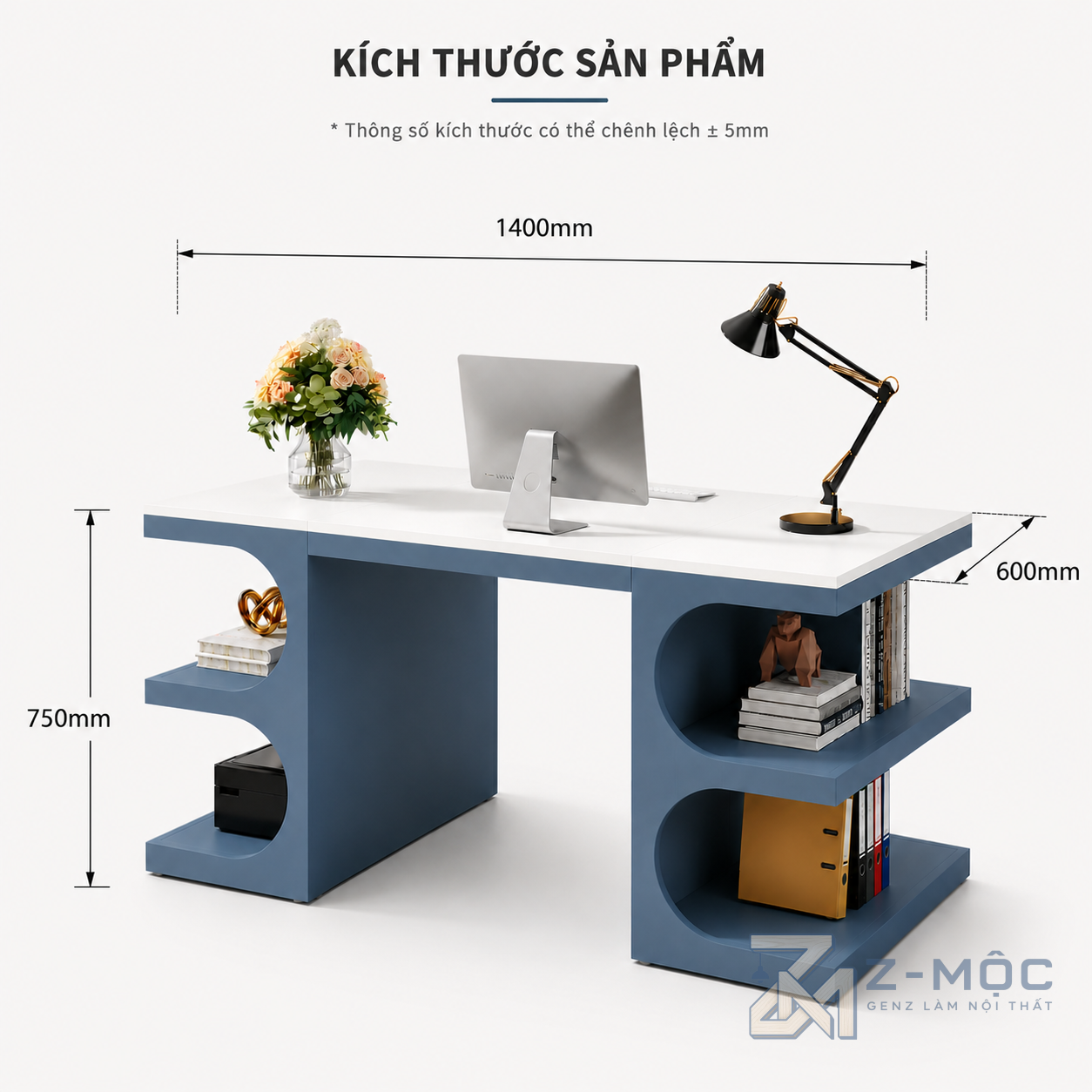 Kích thước chi tiết Bàn Làm Việc Có Kệ Sách Độc Đáo Màu Xanh ZM-70011