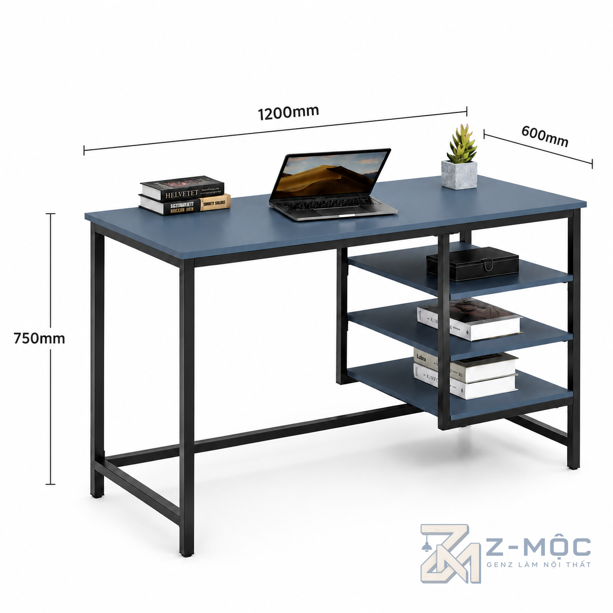 Kích thước chi tiết Bàn Làm Việc Khung Sắt Mặt Gỗ Có Kệ Bên Hiện Đại ZM-70022