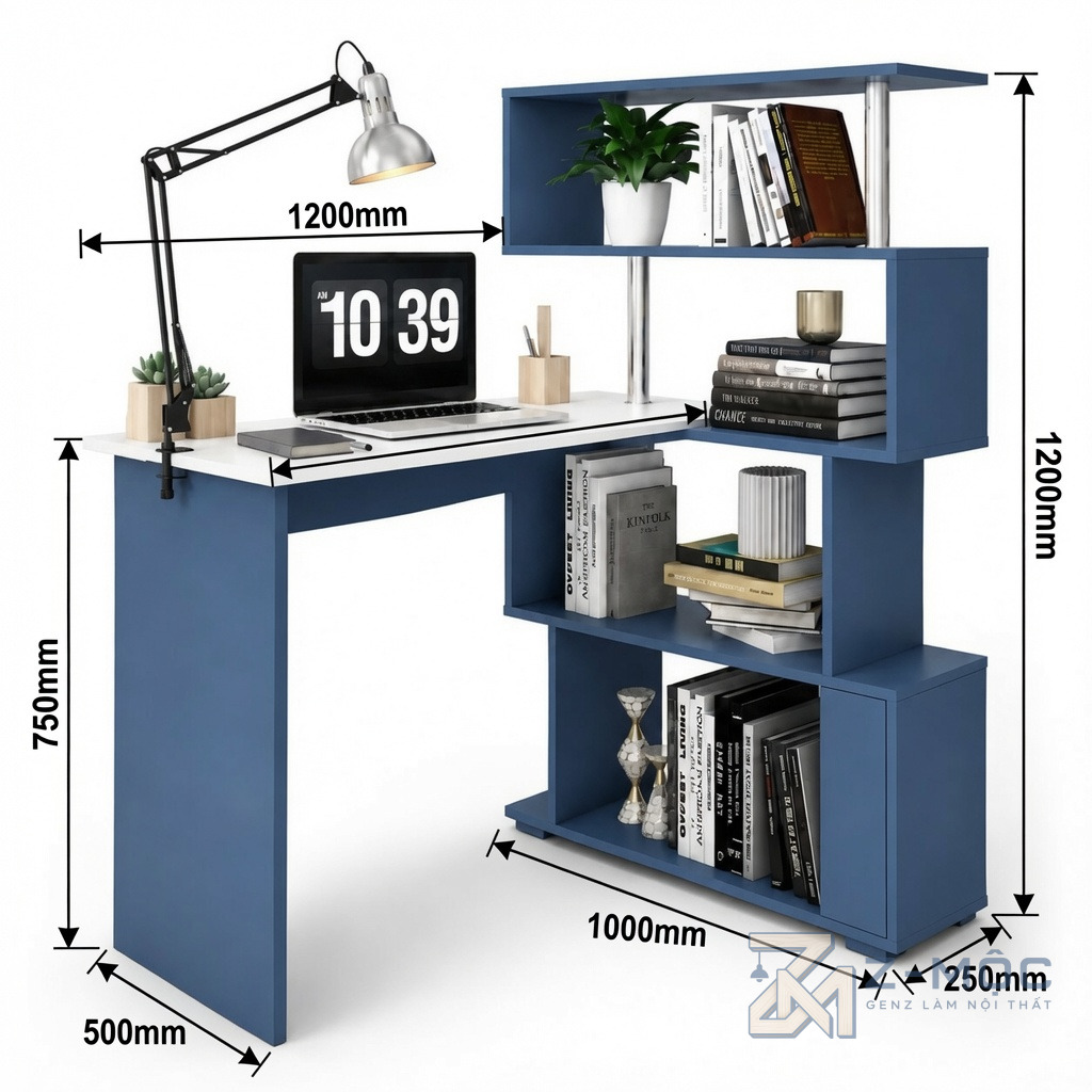 Kích thước chi tiết Bàn Làm Việc Liền Kệ Sách Màu Xanh ZM-70006