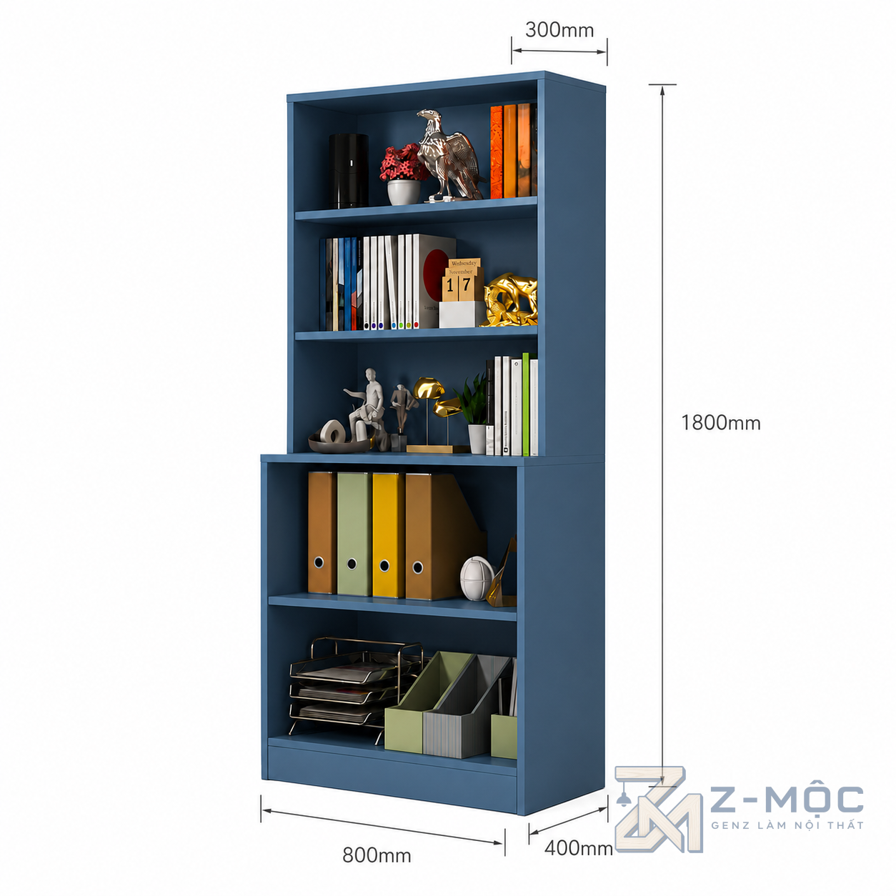 Kích thước chi tiết Giá Sách Đứng 5 Tầng Màu Xanh Đơn Giản ZM-71008