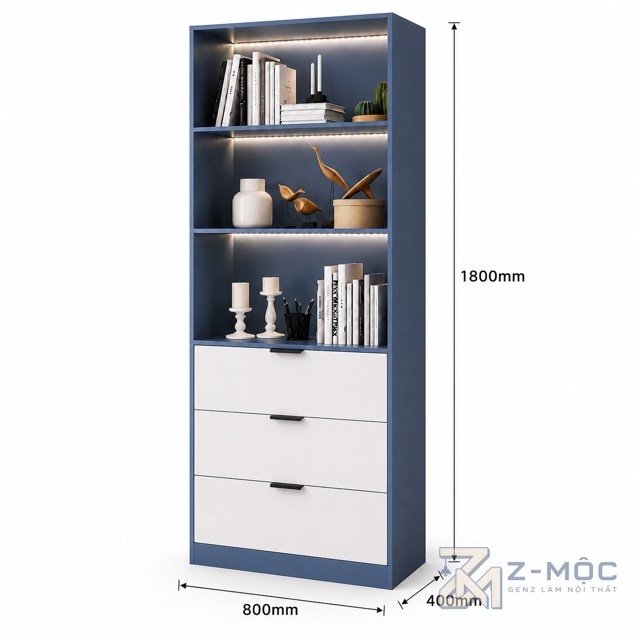 Kích thước chi tiết Giá Sách Đứng Có Ngăn Kéo Màu Xanh Nhiều Tầng ZM-71009