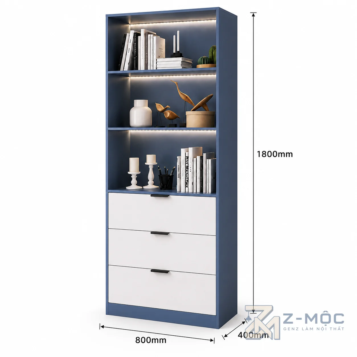 Kích thước chi tiết Giá Sách Đứng Có Ngăn Kéo Màu Xanh Nhiều Tầng ZM-71009