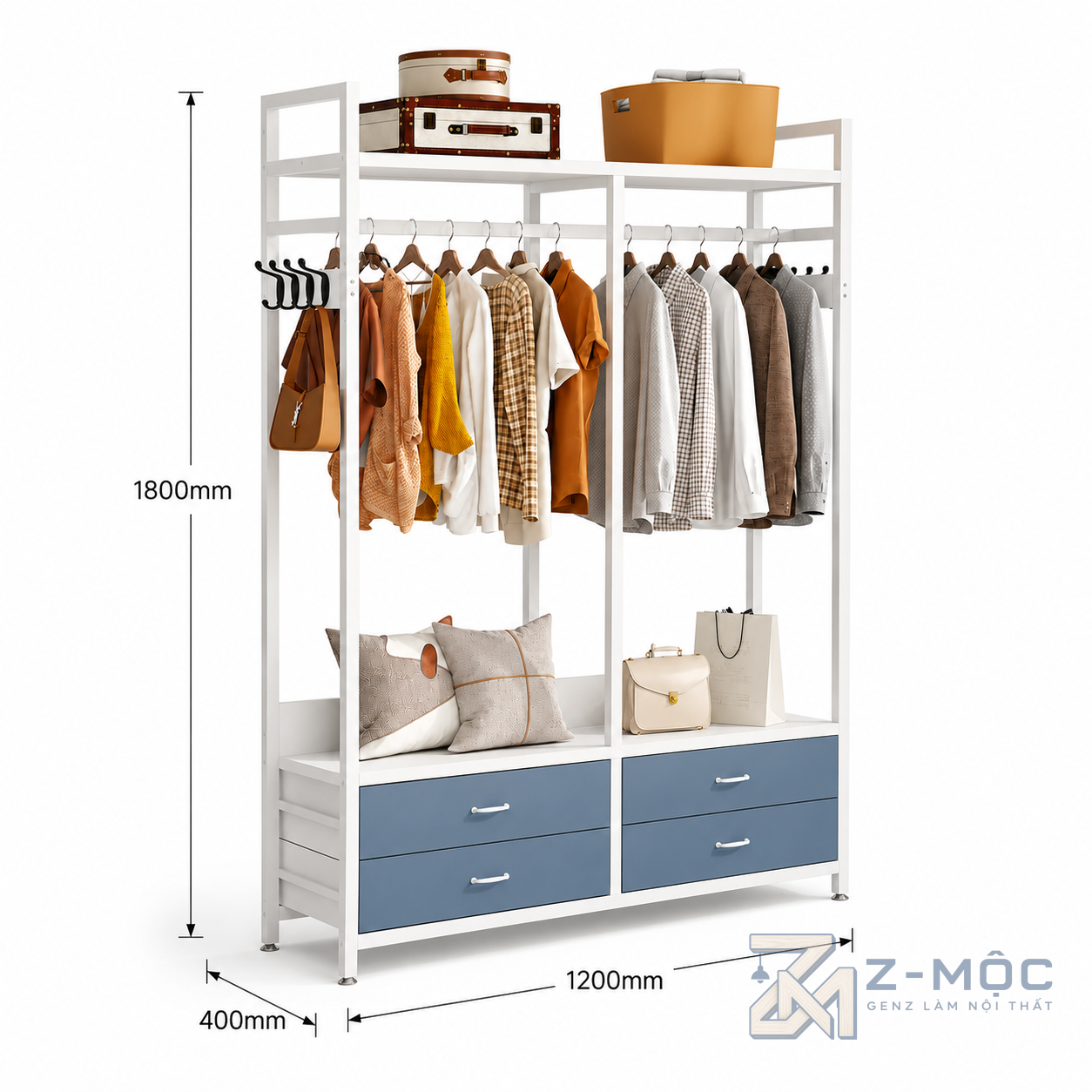 Kích thước chi tiết Giá Treo Quần Áo Khung Sắt 2 Khoang Có Ngăn Kéo ZM-10018