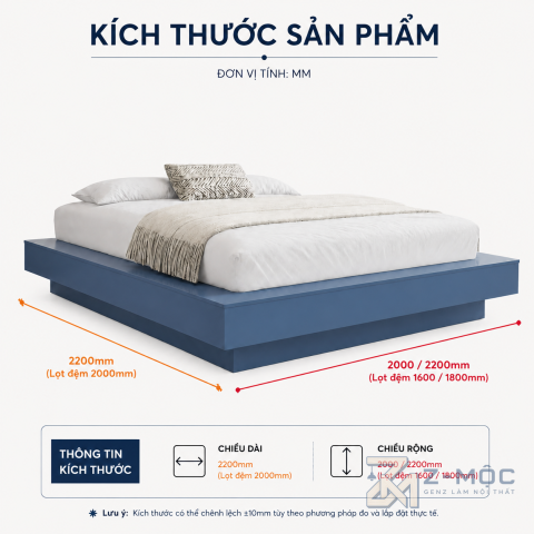 Kích thước chi tiết Giường Ngủ Bệt Không Đầu Giường Màu Xanh Tối Giản ZM-11011