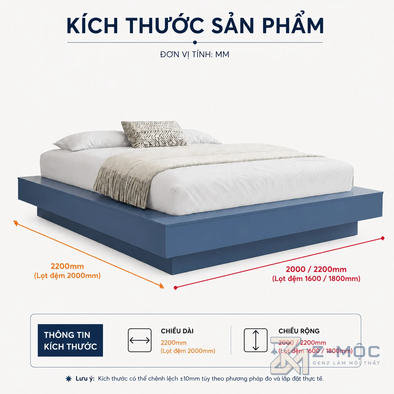Kích thước chi tiết Giường Ngủ Bệt Không Đầu Giường Màu Xanh Tối Giản ZM-11011