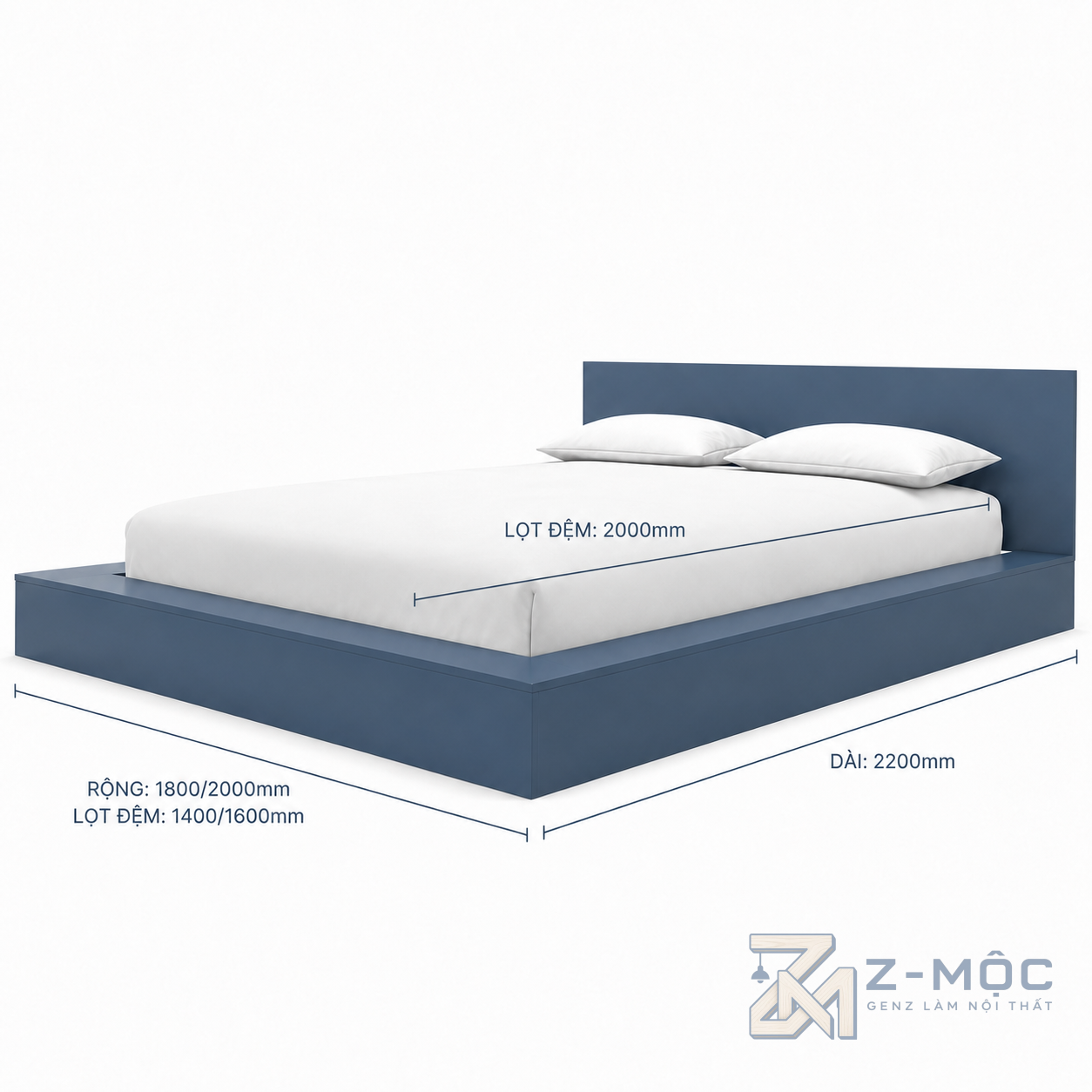Kích thước chi tiết Giường Ngủ Bệt Màu Xanh Tối Giản Cho Phòng Ngủ Gọn Gàng ZM-11007