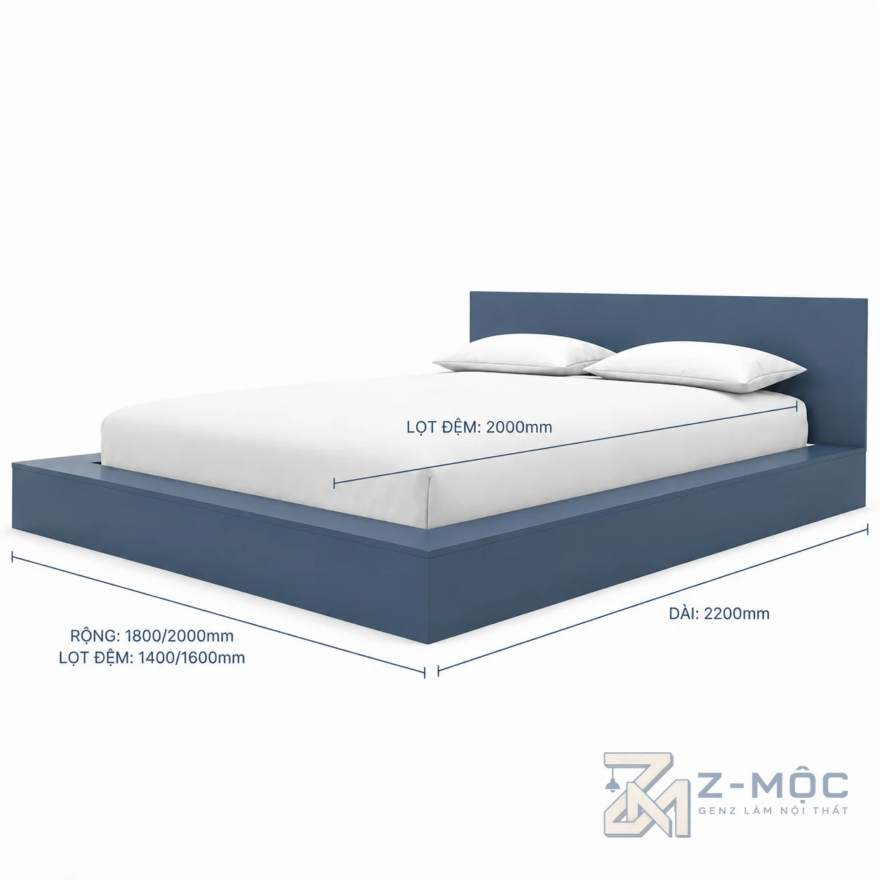 Kích thước chi tiết Giường Ngủ Bệt Màu Xanh Tối Giản Cho Phòng Ngủ Gọn Gàng ZM-11007