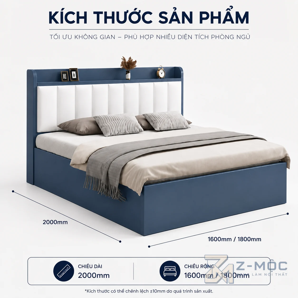 Kích thước chi tiết Giường Ngủ Bọc Nệm Đầu Giường Có Kệ ZM-11005