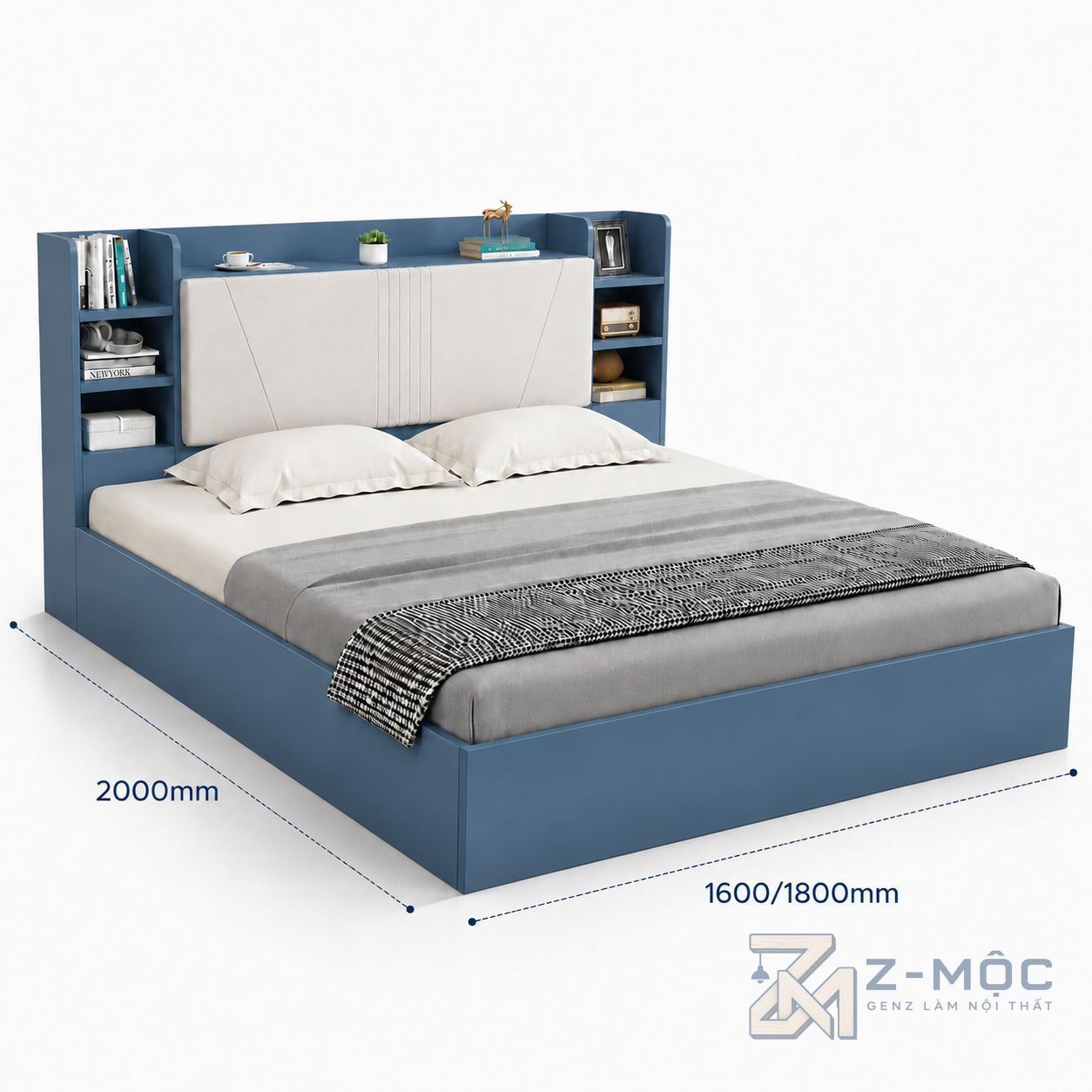 Kích thước chi tiết Giường Ngủ Bọc Nệm Đầu Giường Kèm Kệ Để Đồ Tiện Ích ZM-11020
