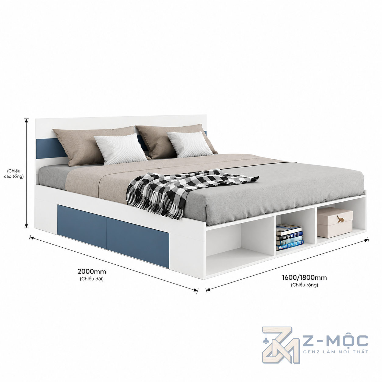 Kích thước chi tiết Giường Ngủ Có Kệ Cuối Giường Đa Năng ZM-11010