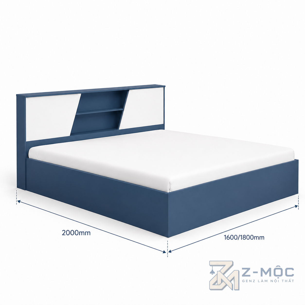 Kích thước chi tiết Giường Ngủ Có Kệ Đầu Giường Màu Xanh Phối Trắng ZM-11018
