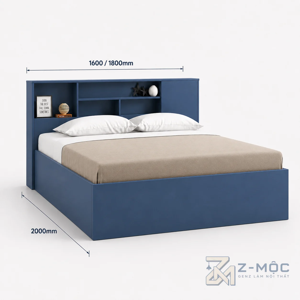 Kích thước chi tiết Giường Ngủ Có Kệ Đầu Giường Màu Xanh Tiện Ích ZM-11016