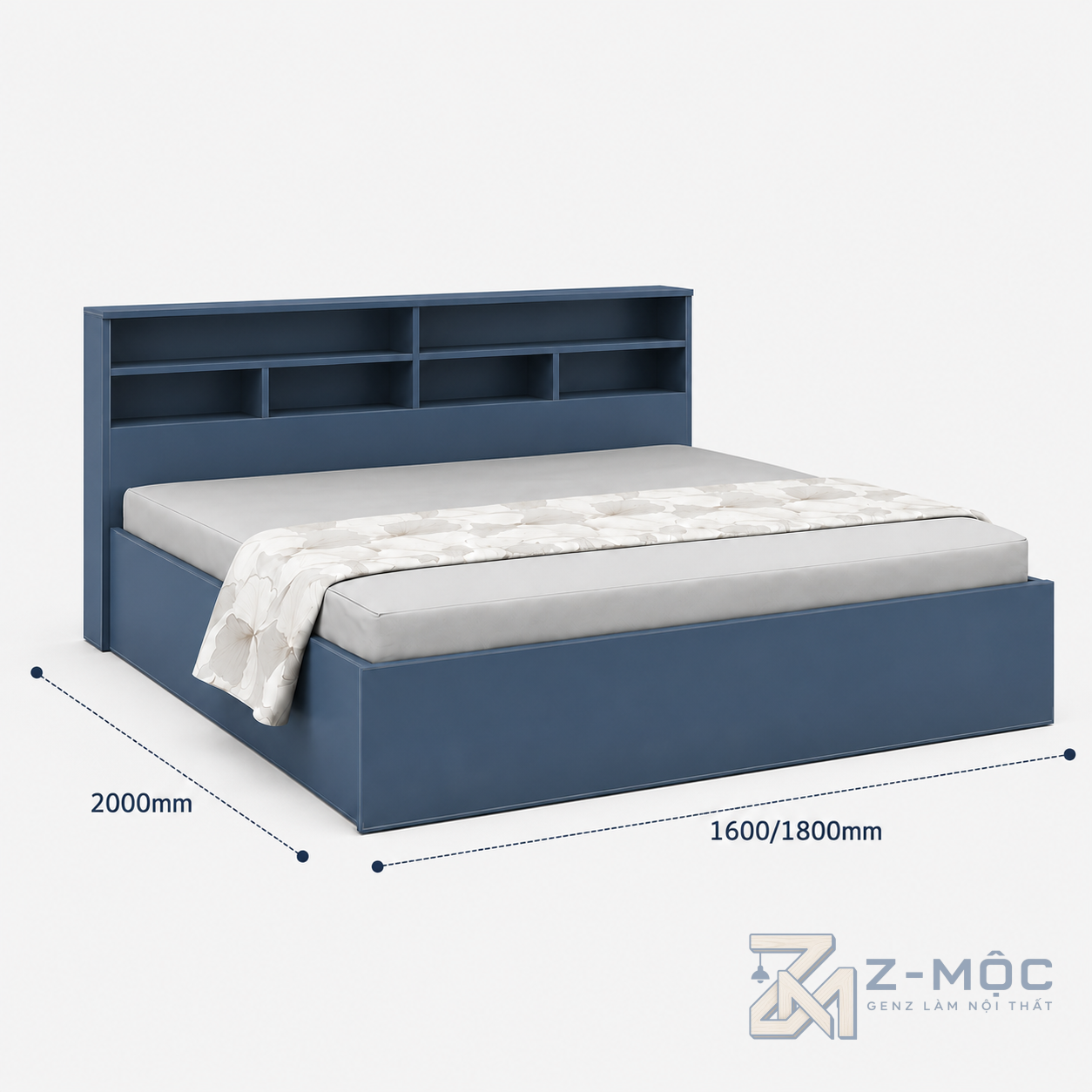 Kích thước chi tiết Giường Ngủ Có Kệ Đầu Giường Nhiều Ô Màu Xanh ZM-11015