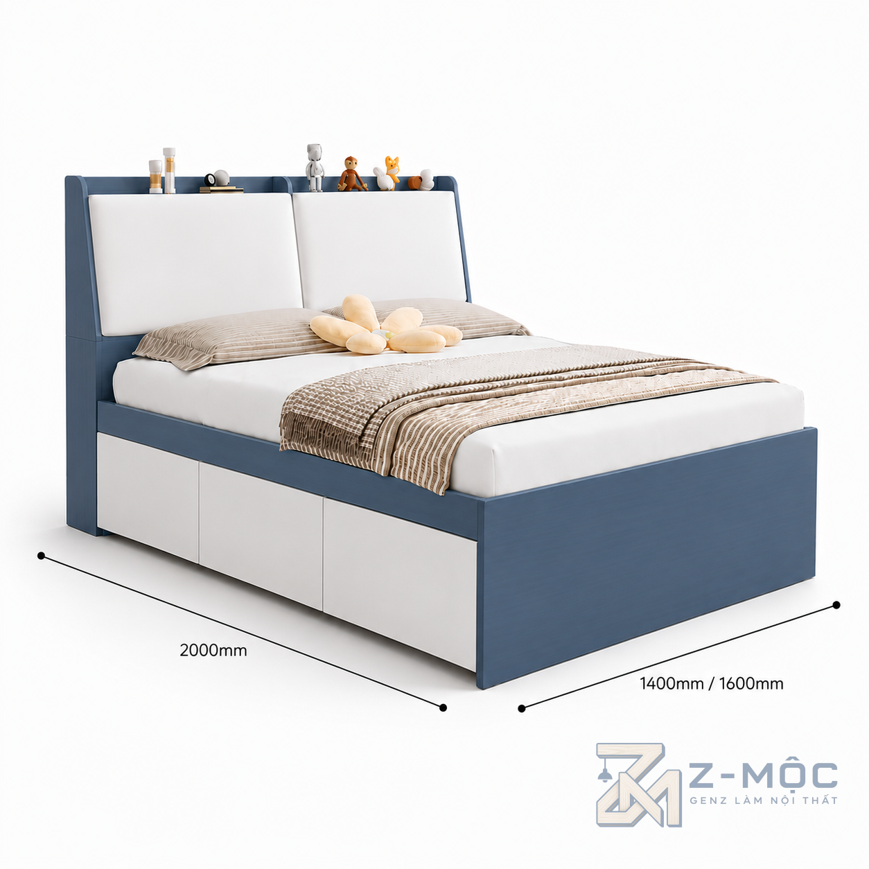 Kích thước chi tiết Giường Ngủ Có Ngăn Kéo Và Kệ Đầu Giường Tiện Ích ZM-11019