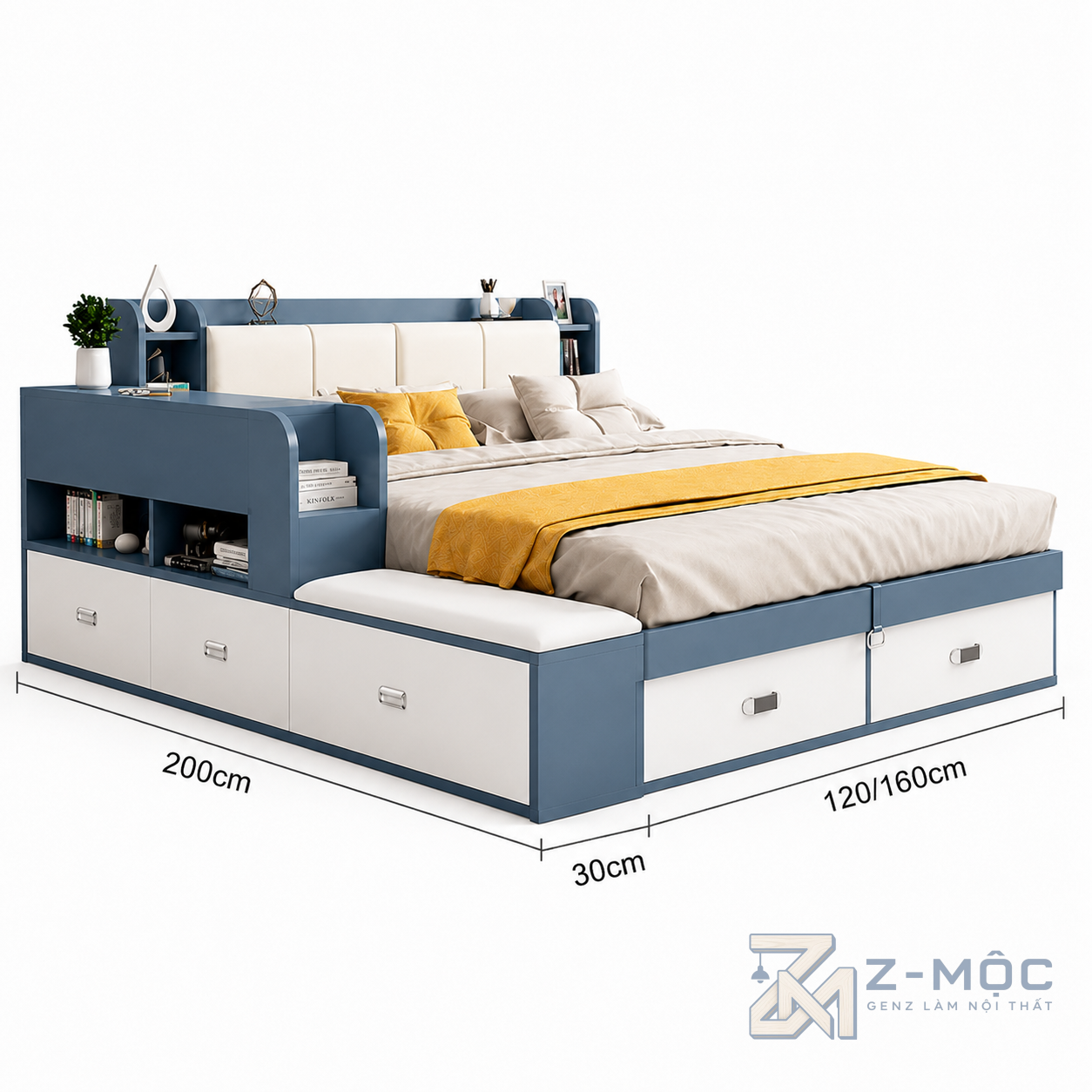 Kích thước chi tiết Giường Ngủ Đa Năng Tích Hợp Kệ Sách Và Bàn Học ZM-11008