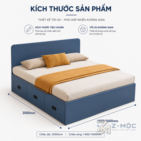 Kích thước chi tiết Giường Ngủ Gỗ Có Ngăn Kéo Lưu Trữ Màu Xanh Hiện Đại ZM-11002