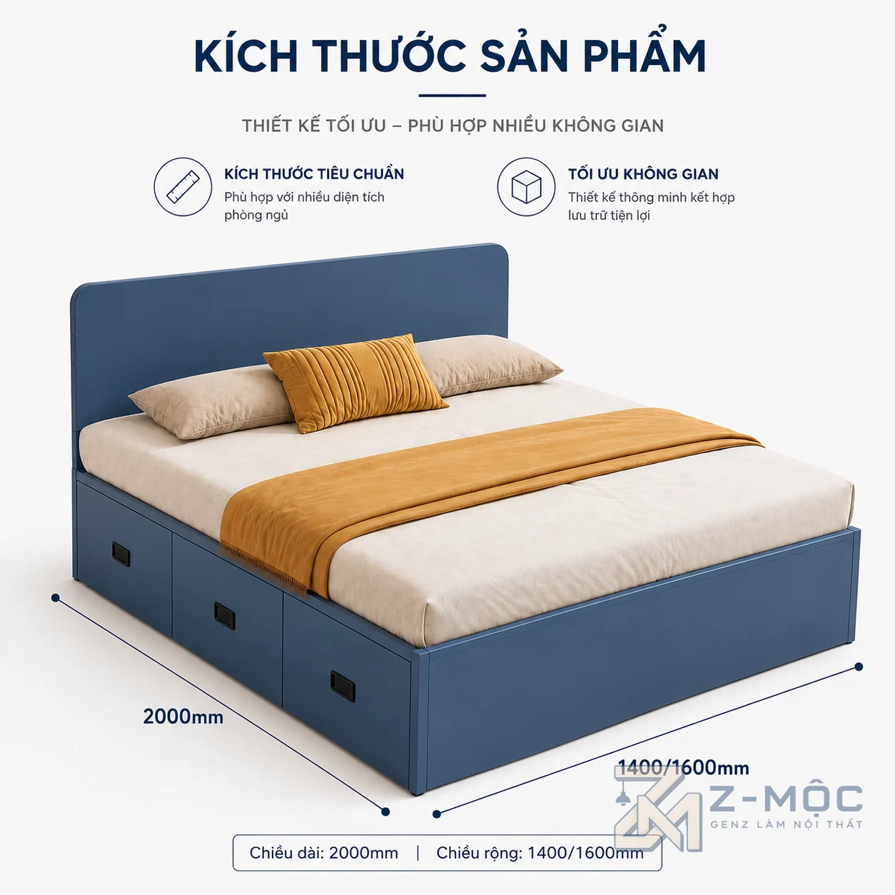 Kích thước chi tiết Giường Ngủ Gỗ Có Ngăn Kéo Lưu Trữ Màu Xanh Hiện Đại ZM-11002