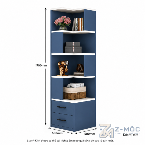 Kích thước chi tiết Kệ Sách Đứng Nhiều Ngăn Có Ngăn Kéo Hiện Đại ZM-71001