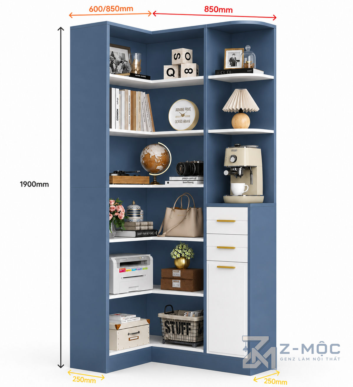 Kích thước chi tiết Kệ Sách Trang Trí Đa Năng Màu Xanh Hiện Đại ZM-71002
