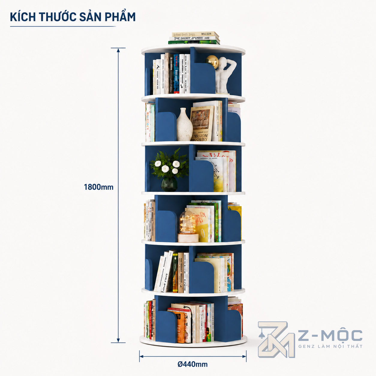 Kích thước chi tiết Kệ Sách Xoay 360 Độ Màu Xanh Hiện Đại Nhiều Tầng ZM-71006