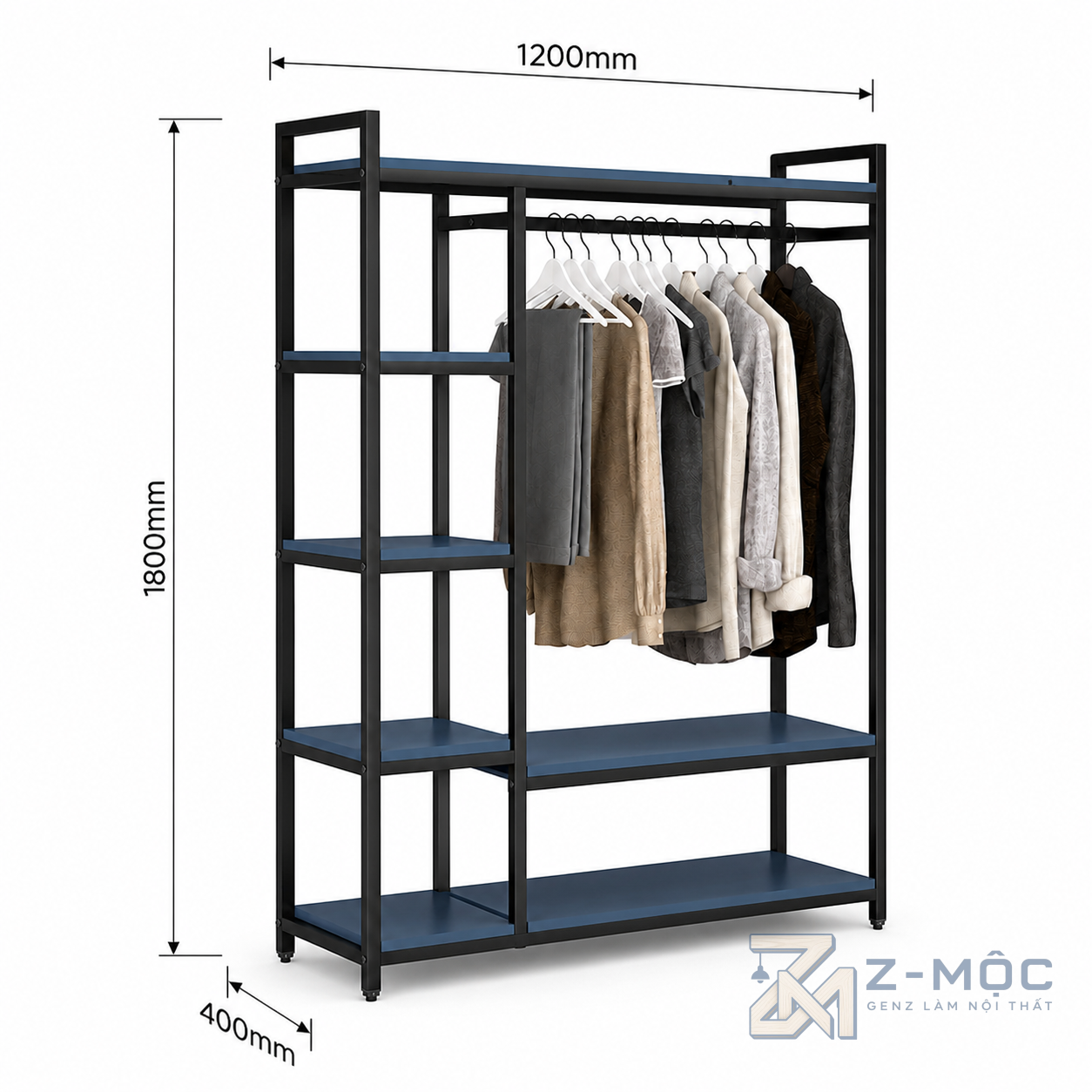 Kích thước chi tiết Kệ Treo Quần Áo Khung Sắt Có Kệ Để Đồ Đa Năng ZM-10016