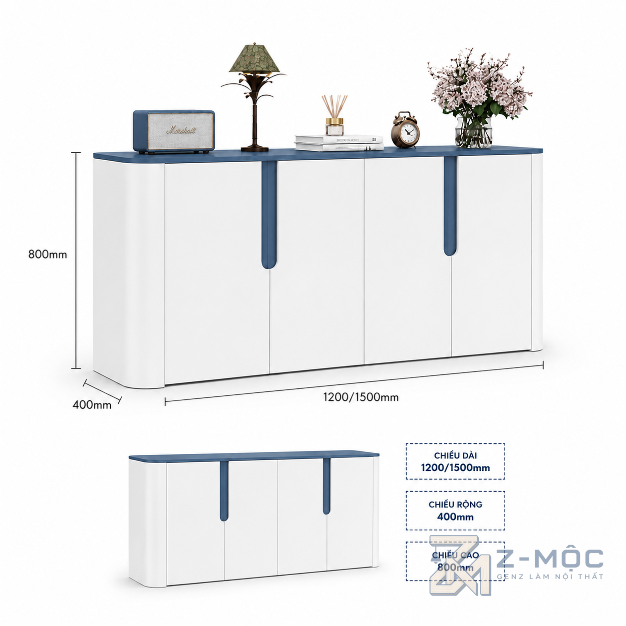 Kích thước chi tiết Tủ Để Đồ Phòng Khách Màu Trắng Xanh Cánh Phẳng ZM-94007