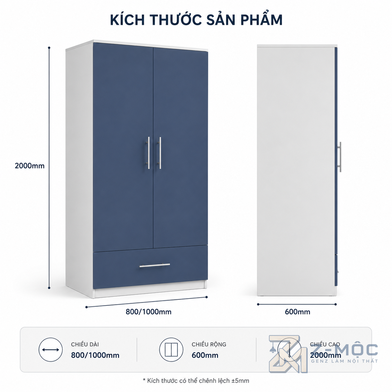 Kích thước chi tiết Tủ Quần Áo 2 Cánh Màu Xanh Có Ngăn Kéo ZM-10010