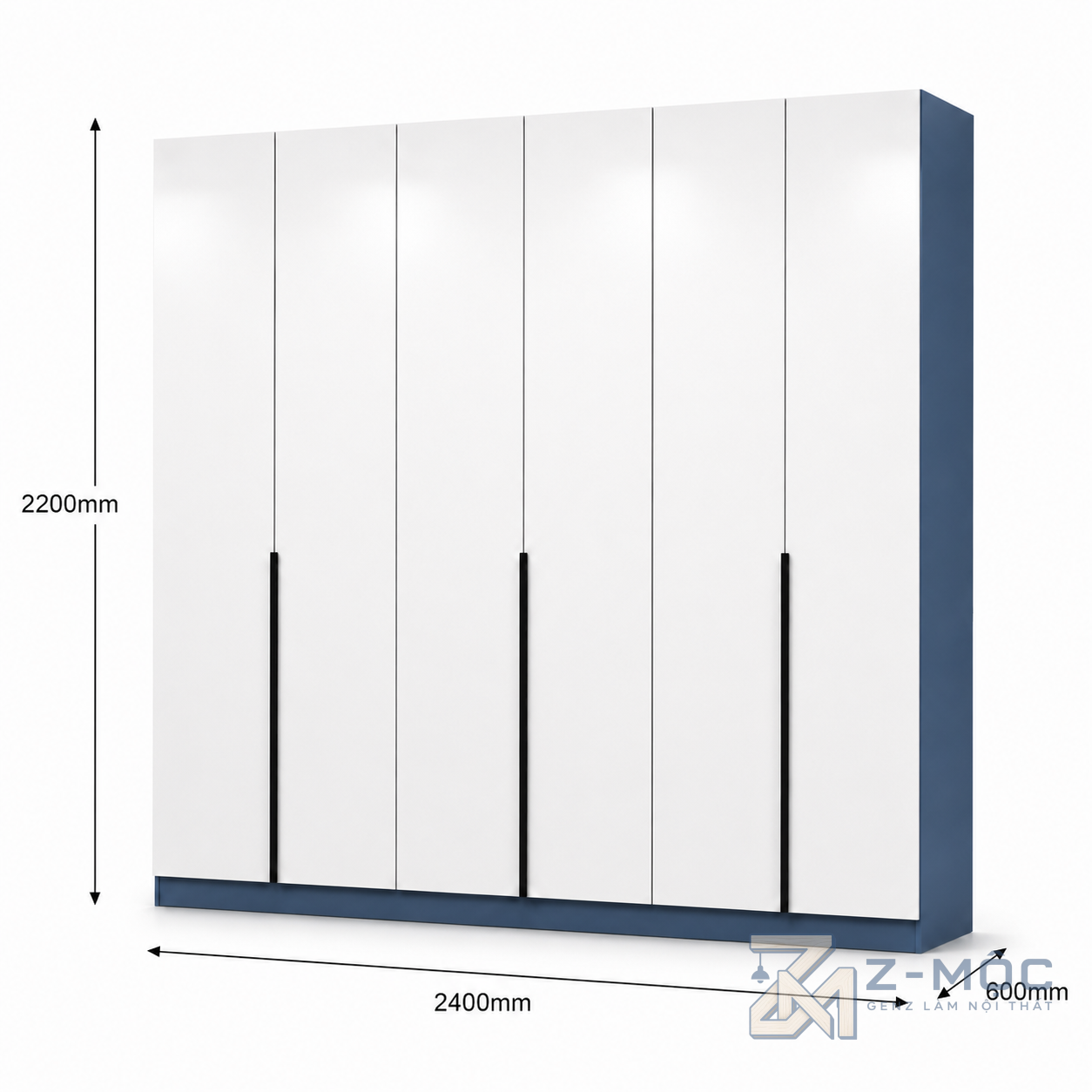 Kích thước chi tiết Tủ Quần Áo 4 Cánh Trắng Phối Xanh Cánh Phẳng ZM-10020 3