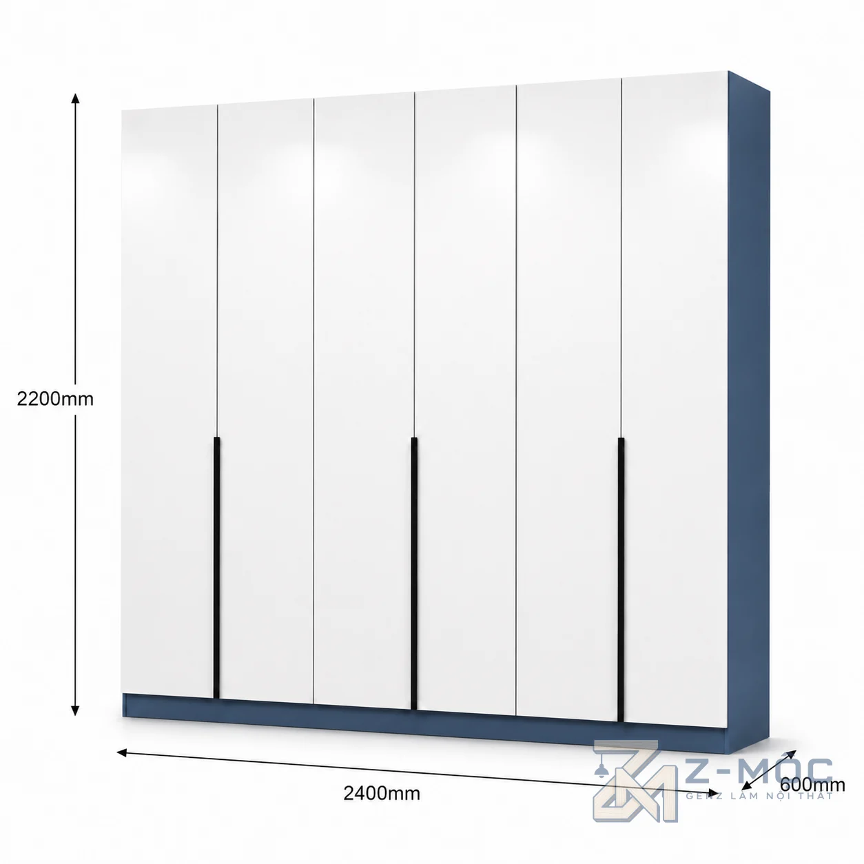 Kích thước chi tiết Tủ Quần Áo 4 Cánh Trắng Phối Xanh Cánh Phẳng ZM-10020 3