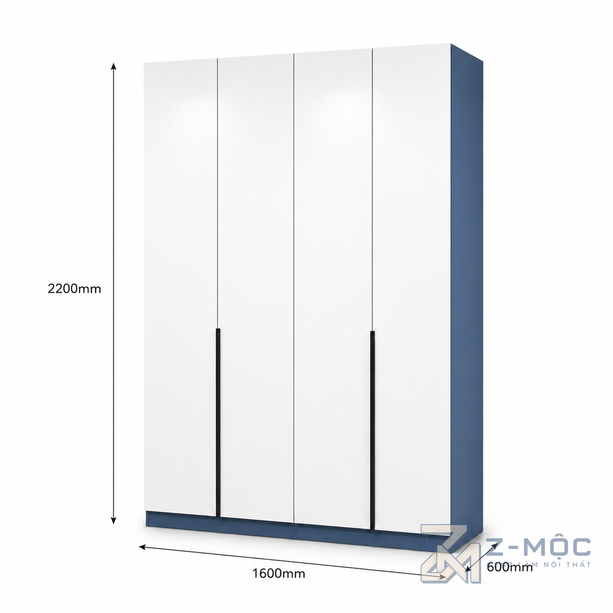 Kích thước chi tiết Tủ Quần Áo 4 Cánh Trắng Phối Xanh Cánh Phẳng ZM-10020