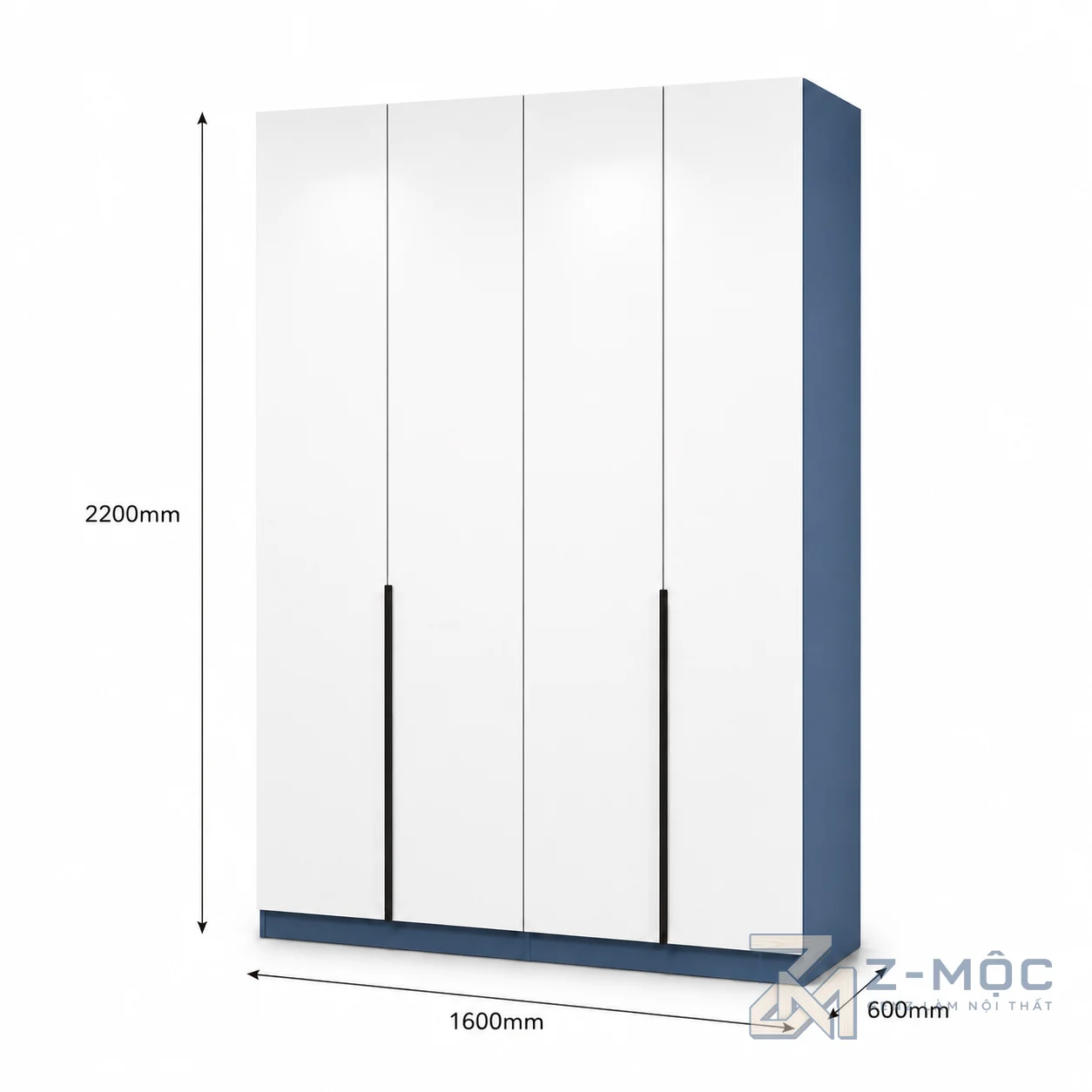 Kích thước chi tiết Tủ Quần Áo 4 Cánh Trắng Phối Xanh Cánh Phẳng ZM-10020