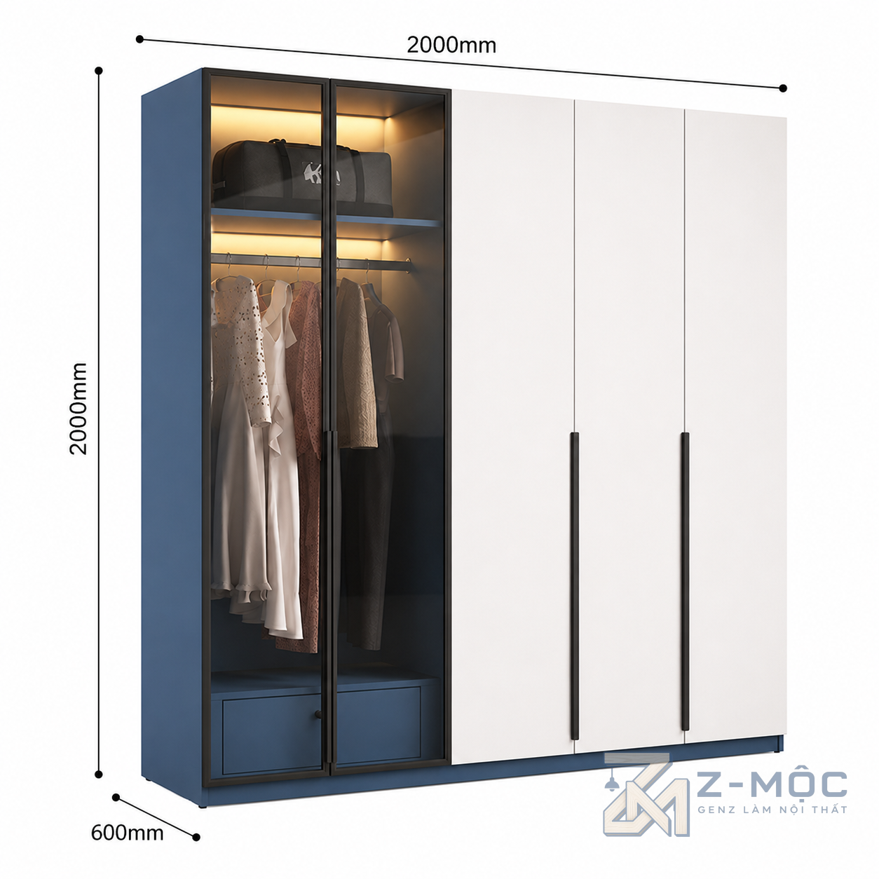 Kích thước chi tiết Tủ Quần Áo Cánh Kính Khung Nhôm Phối Cánh Trắng ZM-10012 2