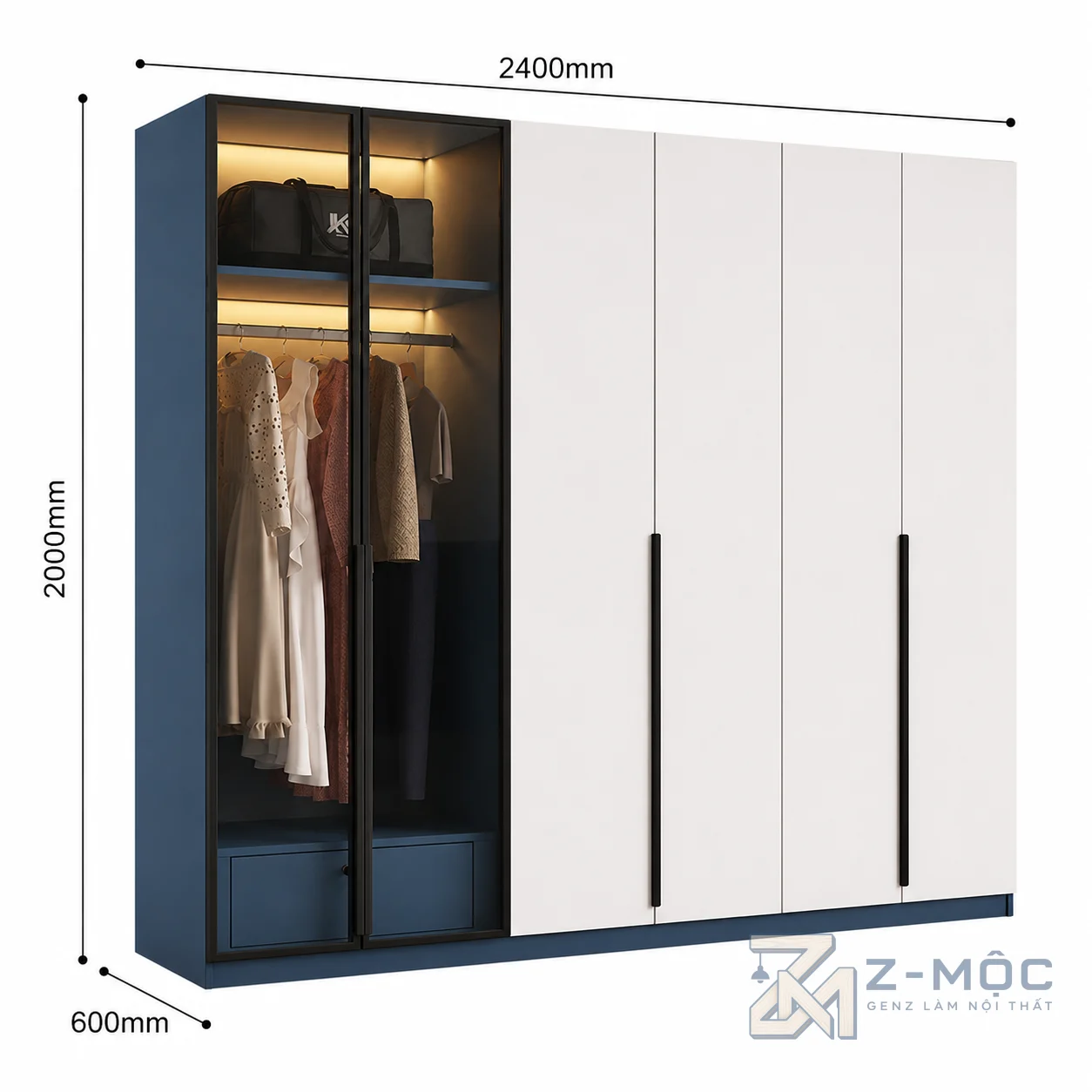 Kích thước chi tiết Tủ Quần Áo Cánh Kính Khung Nhôm Phối Cánh Trắng ZM-10012 3