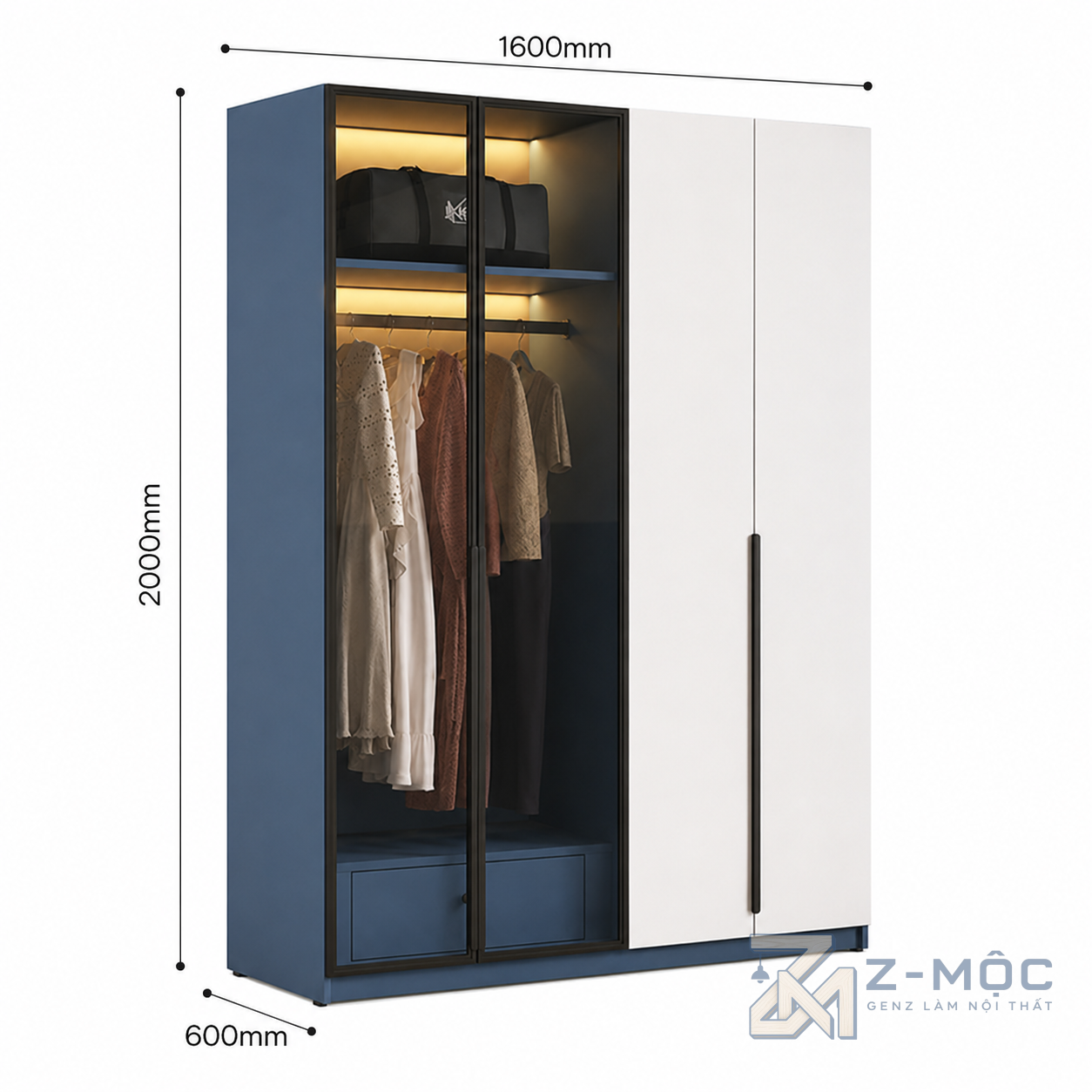 Kích thước chi tiết Tủ Quần Áo Cánh Kính Khung Nhôm Phối Cánh Trắng ZM-10012