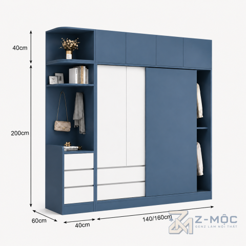 Kích thước chi tiết Tủ Quần Áo Cánh Lùa Kết Hợp Cánh Mở Có Kệ Trang Trí ZM-10006