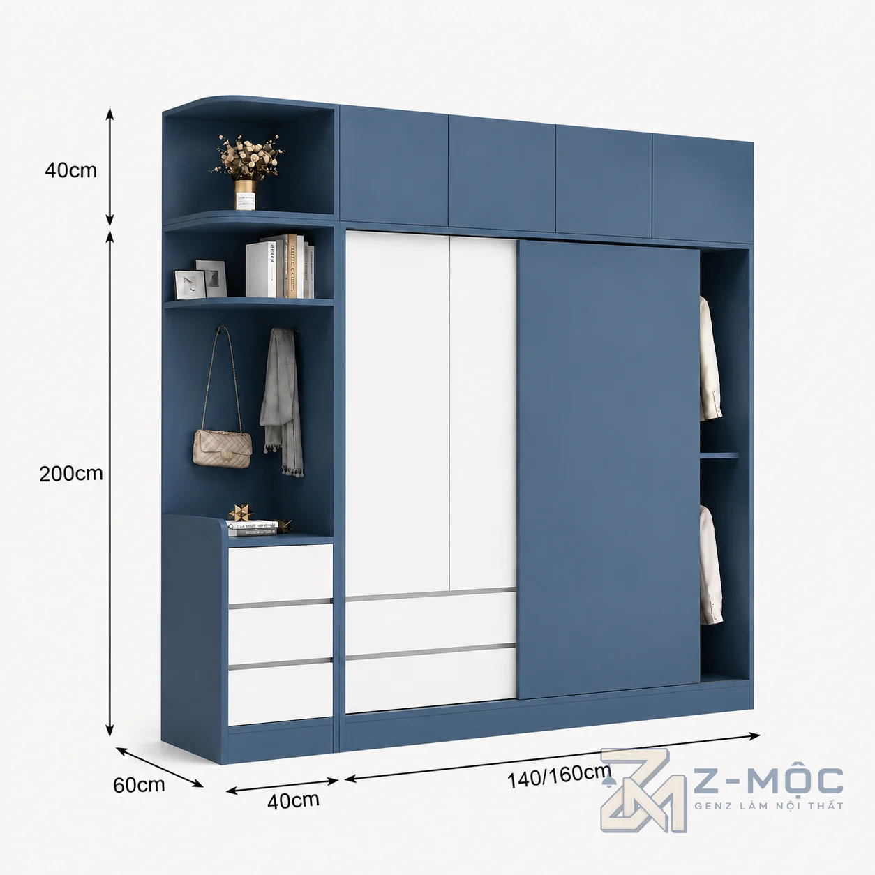 Kích thước chi tiết Tủ Quần Áo Cánh Lùa Kết Hợp Cánh Mở Có Kệ Trang Trí ZM-10006