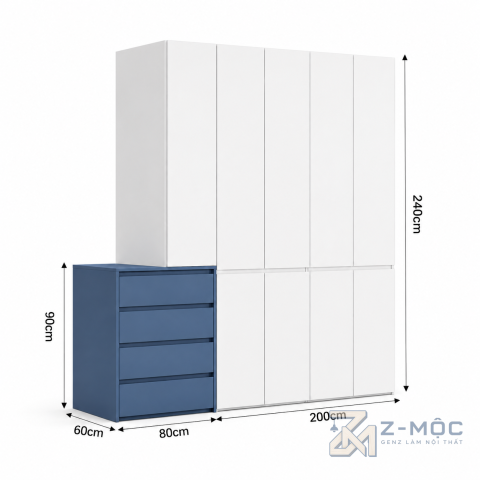 Kích thước chi tiết Tủ Quần Áo Cánh Phẳng Màu Trắng Kết Hợp Hộc Ngăn Kéo ZM-10005