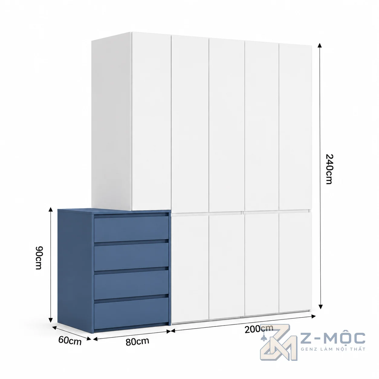 Kích thước chi tiết Tủ Quần Áo Cánh Phẳng Màu Trắng Kết Hợp Hộc Ngăn Kéo ZM-10005