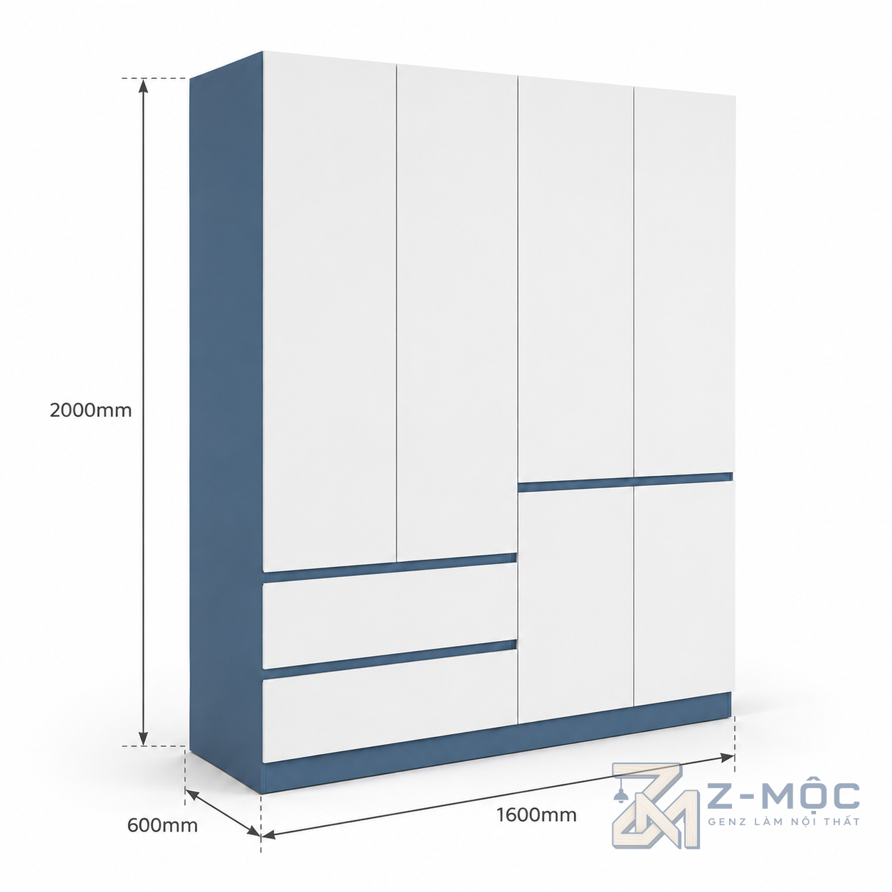 Kích thước chi tiết Tủ Quần Áo Cánh Phẳng Phối Trắng Xanh Nhiều Ngăn Tiện Dụng ZM-10001 2
