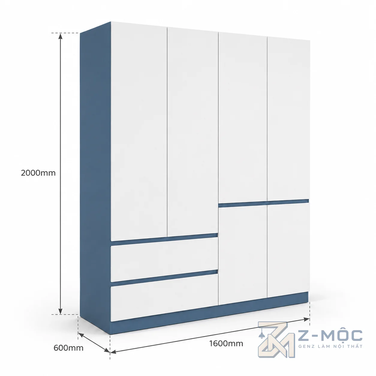 Kích thước chi tiết Tủ Quần Áo Cánh Phẳng Phối Trắng Xanh Nhiều Ngăn Tiện Dụng ZM-10001 2