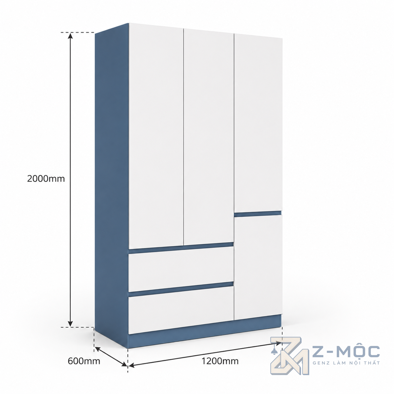 Kích thước chi tiết Tủ Quần Áo Cánh Phẳng Phối Trắng Xanh Nhiều Ngăn Tiện Dụng ZM-10001