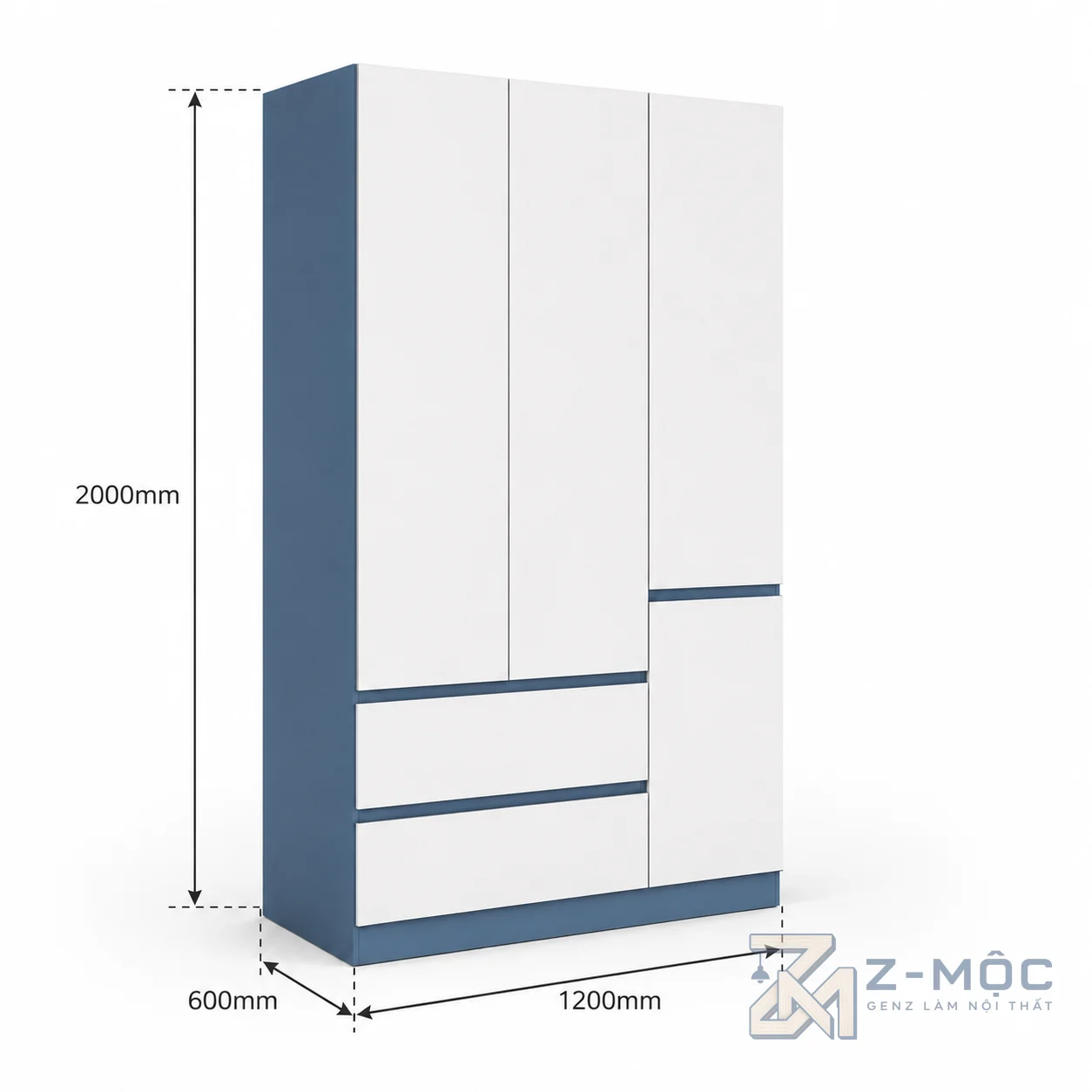 Kích thước chi tiết Tủ Quần Áo Cánh Phẳng Phối Trắng Xanh Nhiều Ngăn Tiện Dụng ZM-10001