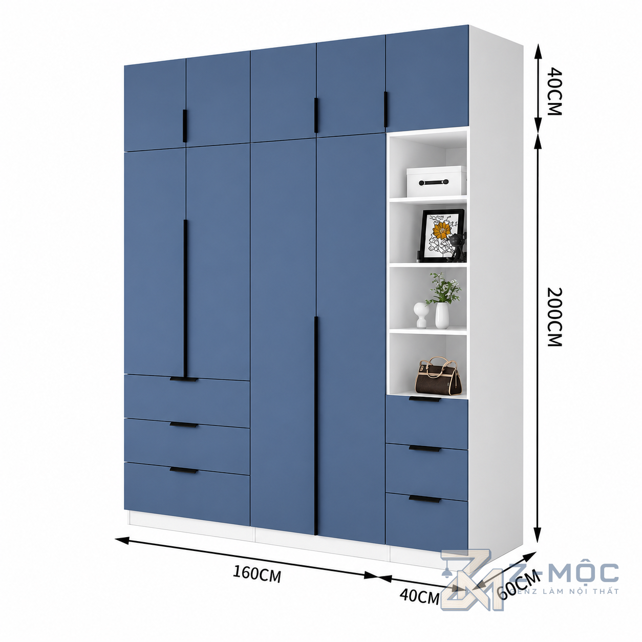 Kích thước chi tiết Tủ Quần Áo Cánh Tủ Màu Xanh Có Kệ Trang Trí Tiện Ích ZM-10015 2
