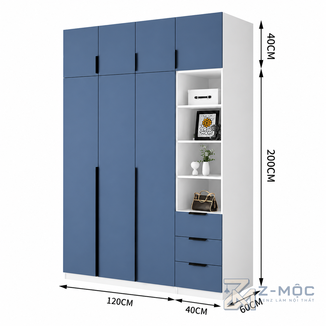 Kích thước chi tiết Tủ Quần Áo Cánh Tủ Màu Xanh Có Kệ Trang Trí Tiện Ích ZM-10015
