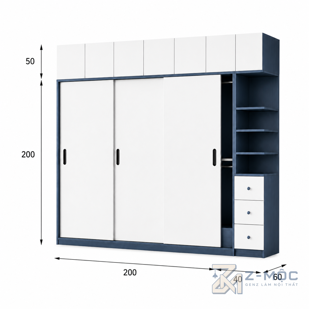 Kích thước chi tiết Tủ Quần Áo Cửa Lùa Kết Hợp Kệ Trang Trí Màu Trắng Xanh ZM-10014 2