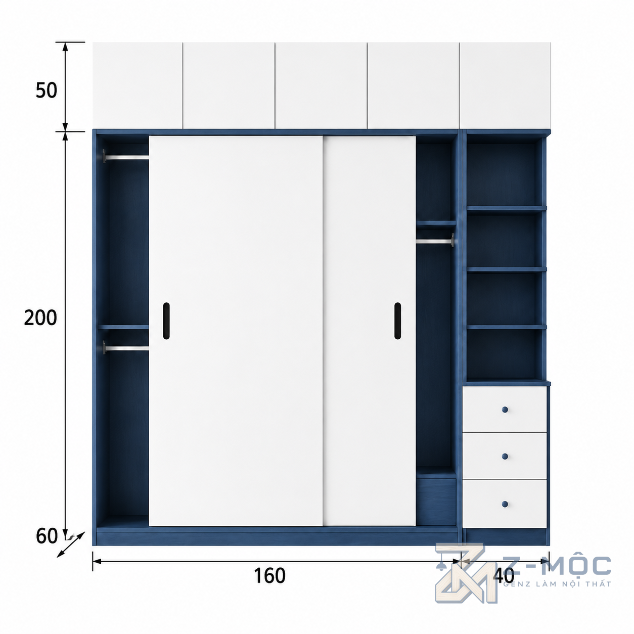 Kích thước chi tiết Tủ Quần Áo Cửa Lùa Kết Hợp Kệ Trang Trí Màu Trắng Xanh ZM-10014