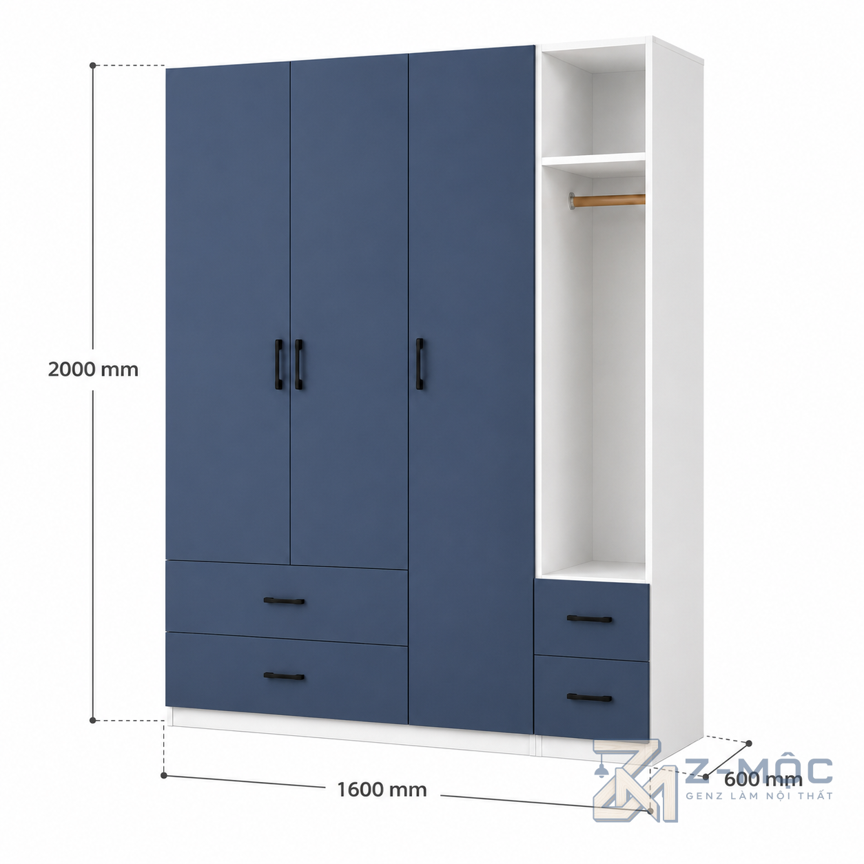Kích thước chi tiết Tủ Quần Áo Kèm Khoang Treo Hở Màu Xanh Trắng v ZM-10011 2