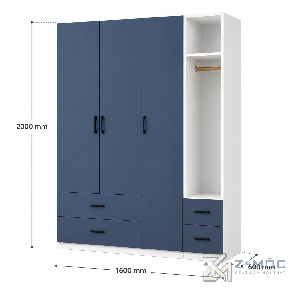 Kích thước chi tiết Tủ Quần Áo Kèm Khoang Treo Hở Màu Xanh Trắng v ZM-10011 2